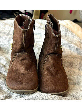 Smartfit Girls Brown Suede Ankle Bootie Zip Closure Flower Accent US 6 EU 22